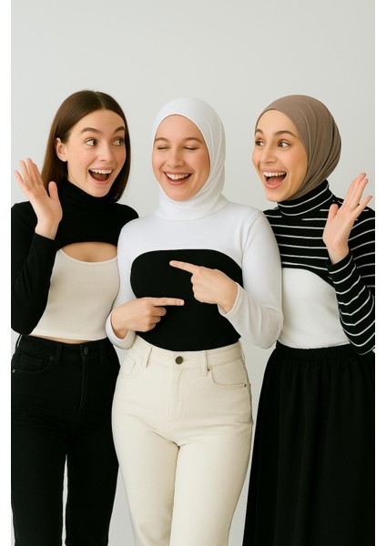 Mırach 3'lü Paket Dik Yaka Boyunluklu Kolluk Seti - Çizgili, Siyah ve Beyaz | Tesettür Bluz modelleri