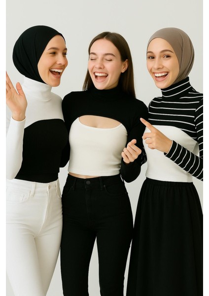 Mırach 3'lü Paket Dik Yaka Boyunluklu Kolluk Seti - Çizgili, Siyah ve Beyaz | Tesettür Bluz fırsatları