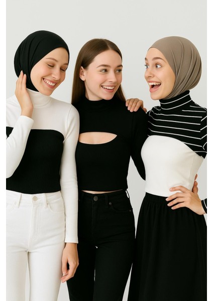 Mırach 3'lü Paket Dik Yaka Boyunluklu Kolluk Seti - Çizgili, Siyah ve Beyaz | Tesettür Bluz indirimleri