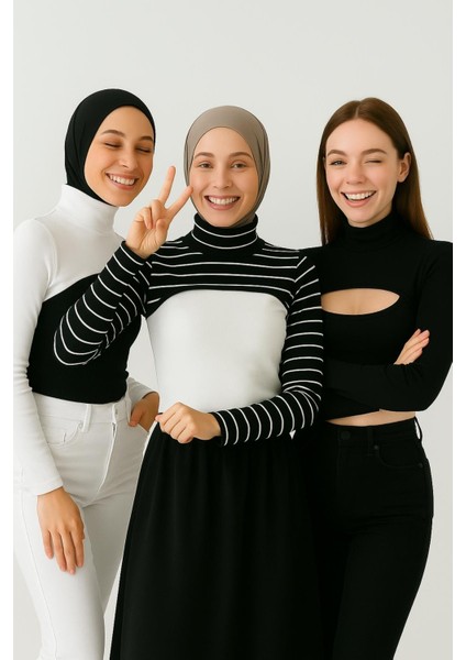 Mırach 3'lü Paket Dik Yaka Boyunluklu Kolluk Seti - Çizgili, Siyah ve Beyaz | Tesettür Bluz