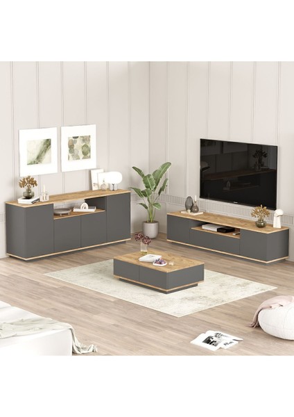 Aven Tv Ünitesi Orta Sehpa Konsol 3'lü Set Çam-Antrasit AVE18-AA