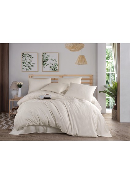 Krem Renkli Natural Çizgili Çift Kişilik Nevresim Takımı