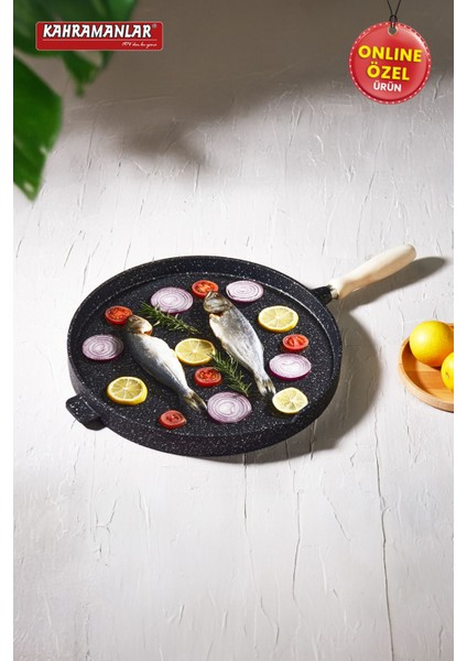 36 cm Çok Amaçlı Çift Taraflı Döküm Tava, Siyah, Dayanıklı ve Kullanışlı