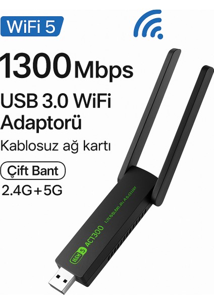 2.4 Ghz/5 Ghz Çift Bantlı Wi-Fi Dongle Alıcı 1300 Mps