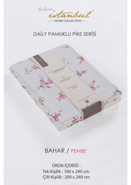 Bahar Pembe Baskılı Pamuklu Tek Kişilik Pikeler, 160X240 cm