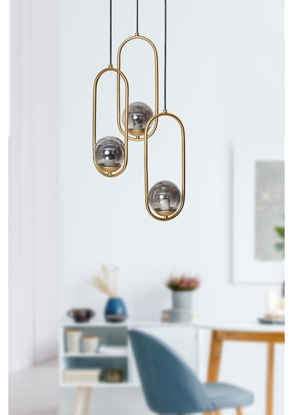 Şık 3’lü Sarı Metal ve Füme Camlı Modern Avize, Zarif Tasarım ve Parlaklık Sunar