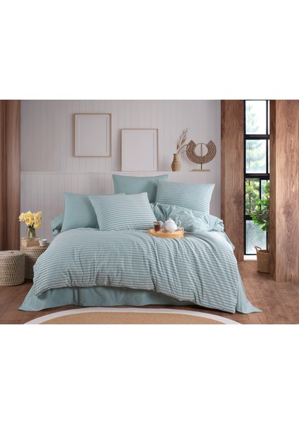 Mint Renkli Natural Çizgili Çift Kişilik Nevresim Takımı