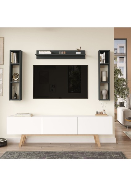 Jabari Tv Ünitesi Raflı 3 Kapaklı 180CM Ahşap Ayaklı Beyaz-Antrasit Jab3-Wan