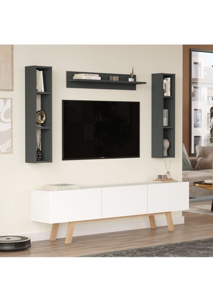 Jabari Tv Ünitesi Raflı 3 Kapaklı 180CM Ahşap Ayaklı Beyaz-Antrasit Jab3-Wan fiyatları