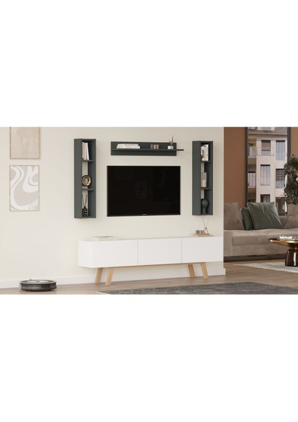 Jabari Tv Ünitesi Raflı 3 Kapaklı 180CM Ahşap Ayaklı Beyaz-Antrasit Jab3-Wan modelleri