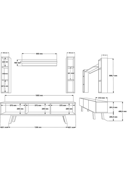 Jabari Tv Ünitesi Raflı 3 Kapaklı 180CM Ahşap Ayaklı Beyaz-Antrasit Jab3-Wan