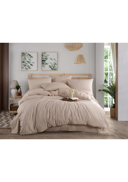 Bej Renkli Natural Çizgili Çift Kişilik Nevresim Takımı