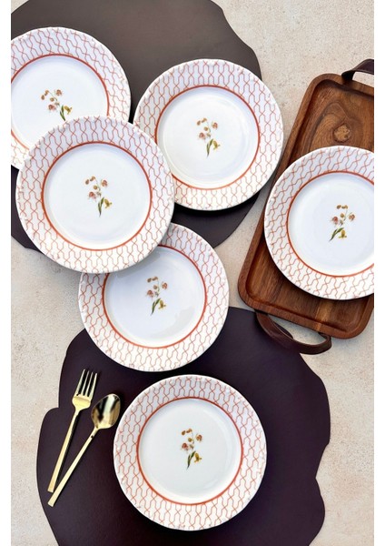Şık 6 Kişilik Çiçekli Porselen Pasta Tabağı Takımı, 19 Cm, Turuncu fiyatları