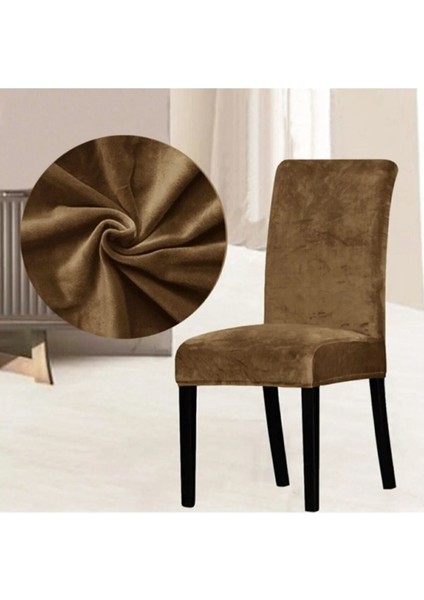 Kadife Sandalye Kılıfı, Lastikli, Kahverengi, 6'lı Paket