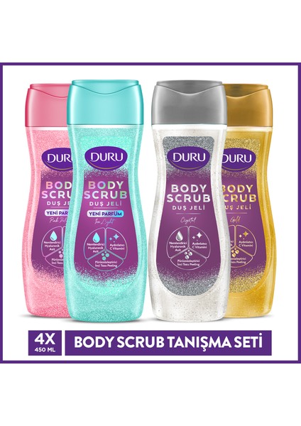 Body Scrub Duş Jeli Tanışma Seti 4X450 ml (Gold&crystal-Pınk&ıce)