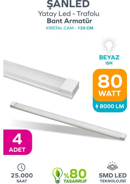 80 Watt 120 cm Kristal Yatay LED Bant Armatür-Trafolu Beyaz Işık -1-2-4-8-10-20-40-50-80-100 Adettir