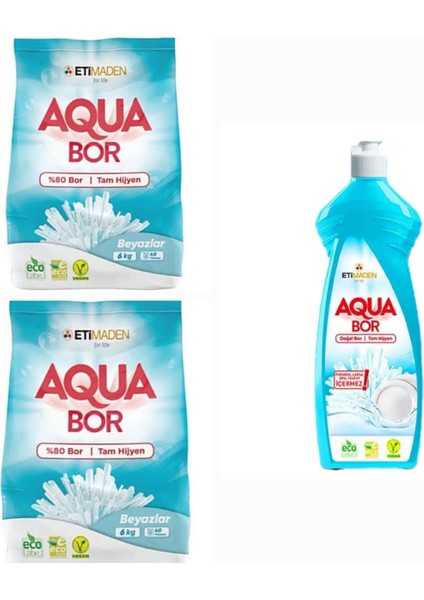 Aquabor Doğal Mineralli Beyazlar Için Çamaşır Deterjan 6 kg 2 Adet+Elde Yıkama Bulaşık Deterjan