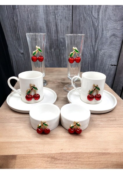 2 Kişilik Porselen Kiraz Fincan ve Lokumluk Seti, Cam Bardaklar, Beyaz