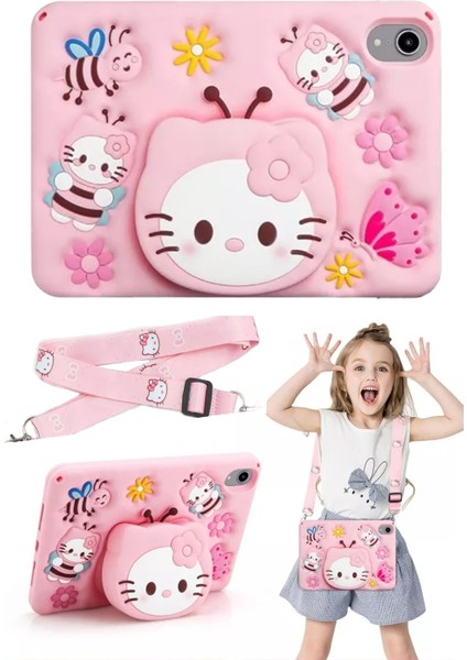 İpad 11 A16 2025 10. Nesil 10.9 Uyumlu Kılıf Hello Kitty Pembe Çocuk Askılı Standlı Eğlence Karakter