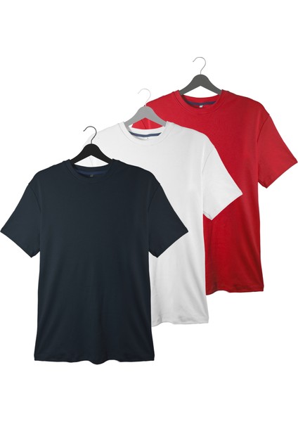 Erkek 3'lü Basic Tişört Seti - Pamuklu Bisiklet Yaka Tişört| Gece Mavisi, Beyaz ve Kırmızı| Günlük ve Spor Giyim | %100 Pamuk T-Shirt Seti