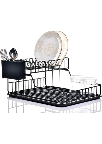 Paslanmaz Iki Katlı Bulaşık Sepeti, Siyah, Dayanıklı ve Hafif Tasarım