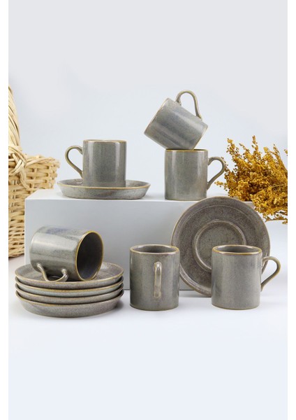 Şık 6'lı Gri Porselen Türk Kahvesi Fincan Takımı