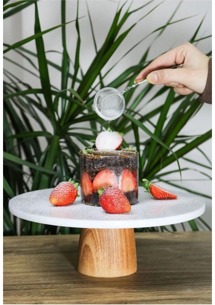 Doğal Mermer Pasta Kek Standı, Ahşap Ayaklı Sunumluk, 28 cm Peynir Tabağı