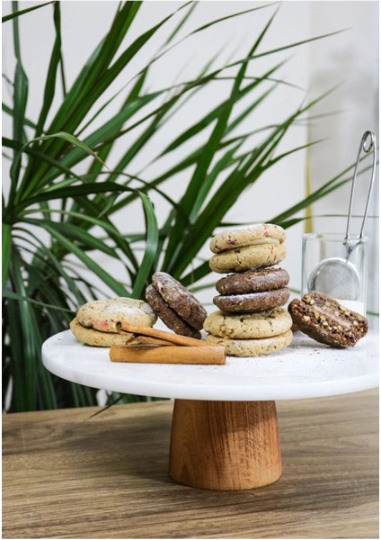 Doğal Mermer Pasta Kek Standı, Ahşap Ayaklı Sunumluk, 28 cm Peynir Tabağı fırsatları