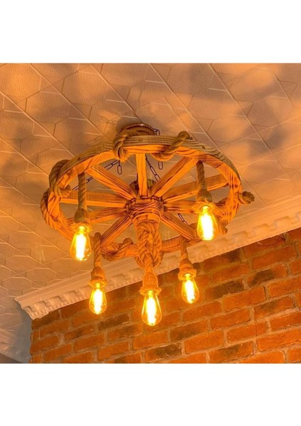 Renkli Ahşap Halatlı Teker Avize 70 Cm, 5'li, Serbest Sarkıtlı