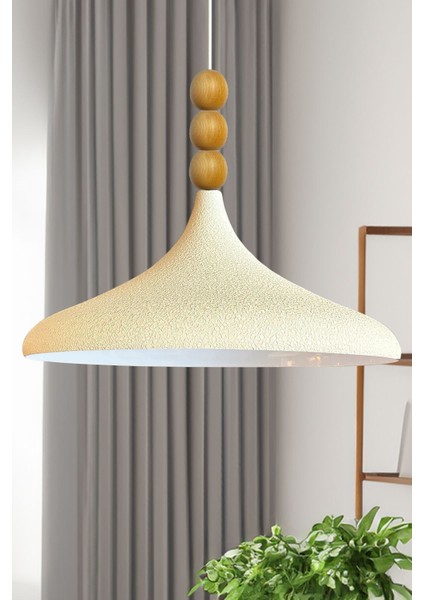 45 cm Çaplı Ekru Ahşap Üç Boncuklu Tekli Sarkıt Avize