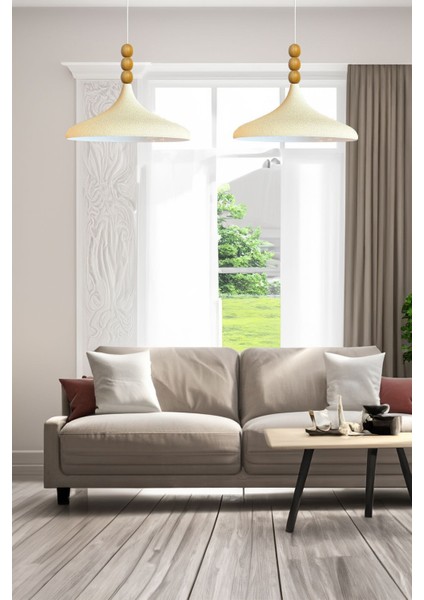 45 cm Çaplı Ekru Ahşap Üç Boncuklu Tekli Sarkıt Avize modelleri