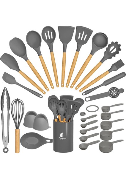 Gri Renkli 28 Parçalık Silikon Spatula Mutfak Seti, Dayanıklı ve Yapışmaz Özellikli