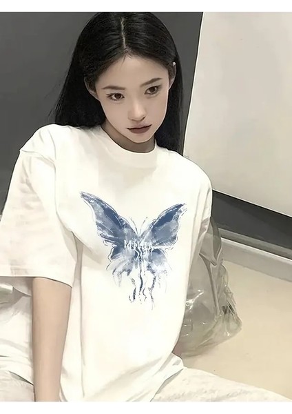 Mavi Kelebek Baskılı Oversize Unisex Tshirt