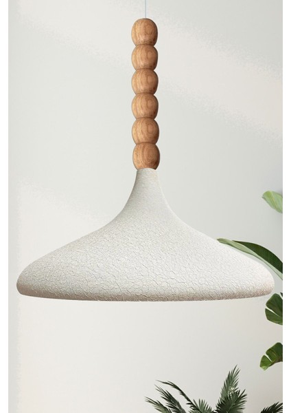 Dokulu Açık Krem Ahşap Boncuklu Tekli Avize, Salon ve Mutfak Şık Sarkıt Lamba