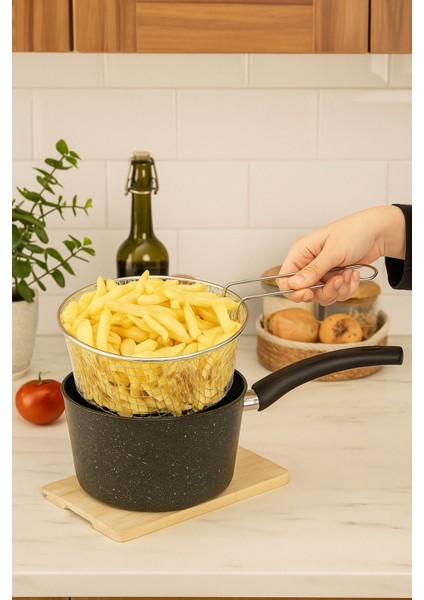 20 cm Siyah Granit Kızartma Tenceresi, Çelik Süzgeçli, Yapışmaz