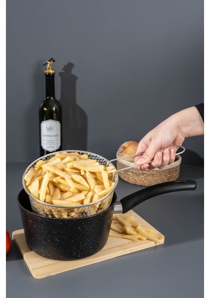 20 cm Siyah Granit Kızartma Tenceresi, Çelik Süzgeçli, Yapışmaz fiyatları