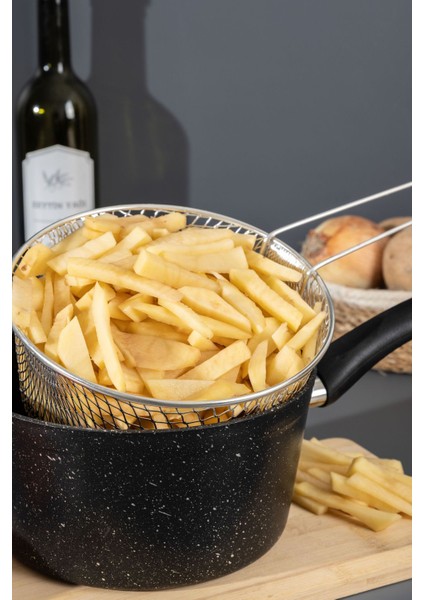 20 cm Siyah Granit Kızartma Tenceresi, Çelik Süzgeçli, Yapışmaz