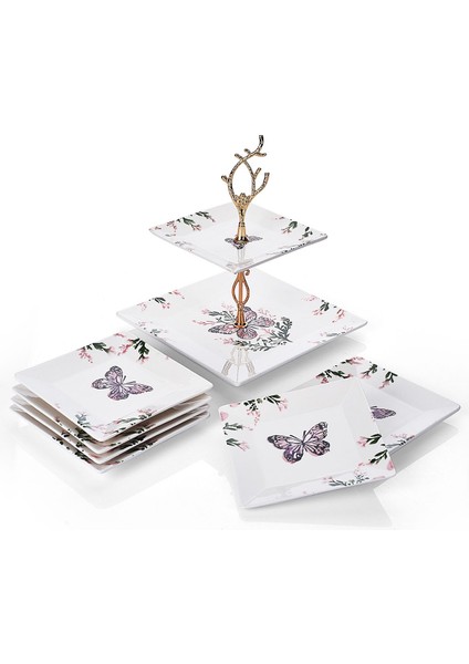 Çift Katlı Seramik Sunum Tabağı ve 6’lı Tatlı Kurabiye Ikram Seti