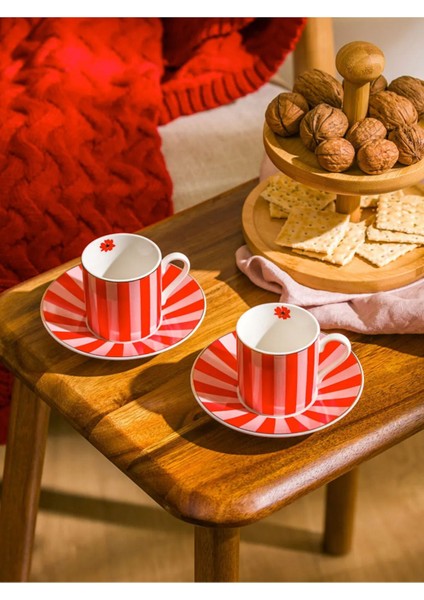 Canlı Kırmızı Çiçek Desenli 2 Kişilik Porselen Kahve Fincan Takımı