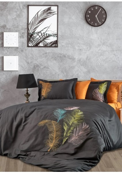 Iz Nakışlı Pamuk Saten Çift Kişilik Nevresim Takımı-Antrasit Oranj
