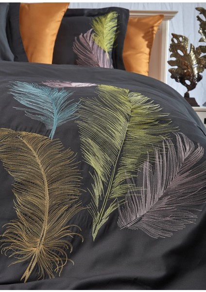 Iz Nakışlı Pamuk Saten Çift Kişilik Nevresim Takımı-Antrasit Oranj fiyatları