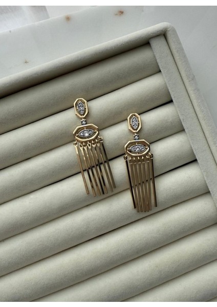 Özel Tasarım Göz Detaylı Çubuk Sallantılı Gold Küpe modelleri