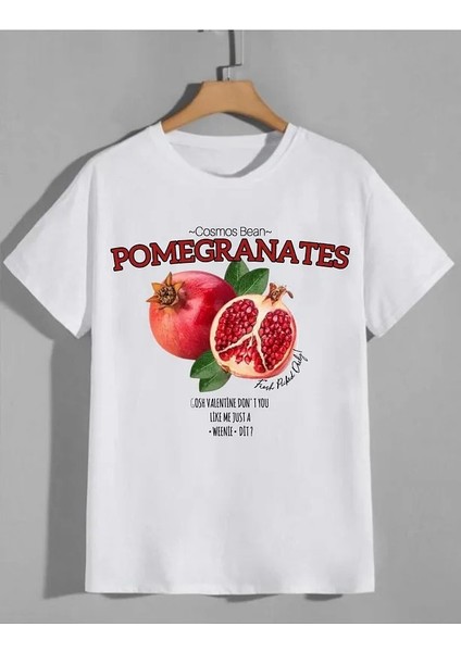 Nar Baskılı Beyaz Oversize Unisex Tshirt