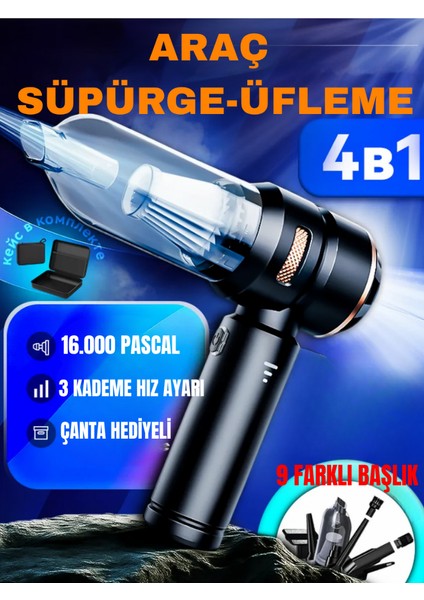 Şarjlı Araç Süpürgesi 16000 Pa Güçlü Emiş Üfleme ve Çekme,9 Başlıklı, Ev ve Araba