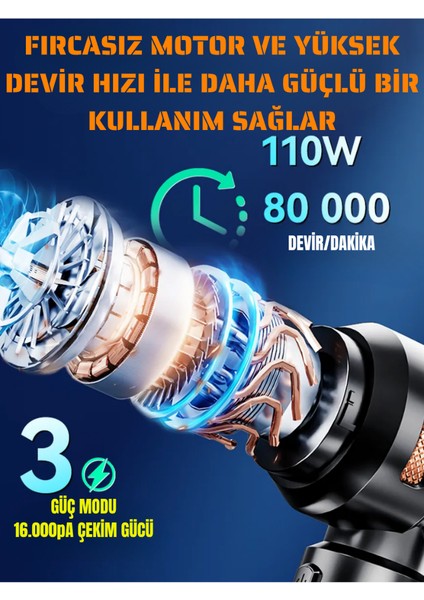 Şarjlı Araç Süpürgesi 16000 Pa Güçlü Emiş Üfleme ve Çekme,9 Başlıklı, Ev ve Araba fırsatları