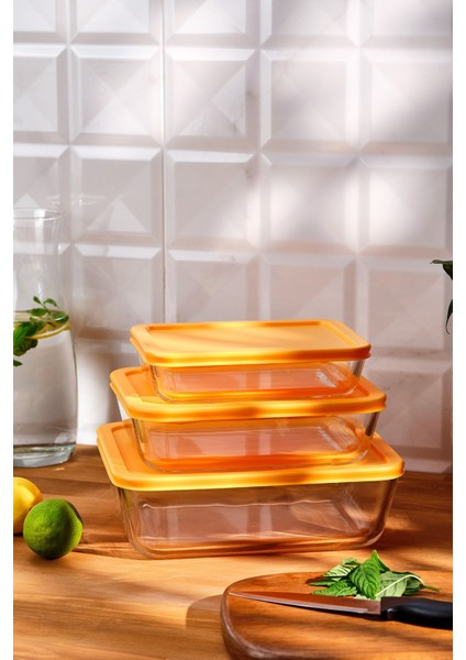 Turuncu 3'lü Borosilikat Saklama Kabı, Dayanıklı ve Şık Mutfak Çözümü