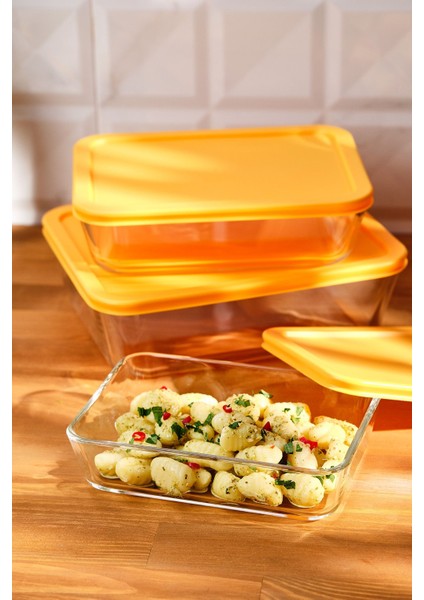 Turuncu 3'lü Borosilikat Saklama Kabı, Dayanıklı ve Şık Mutfak Çözümü modelleri