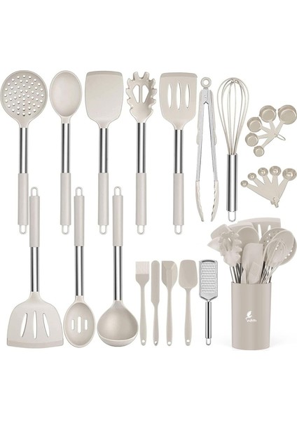 26 Parça Paslanmaz Çelik ve Silikon Uçlu Mutfak Spatula Seti Ekru