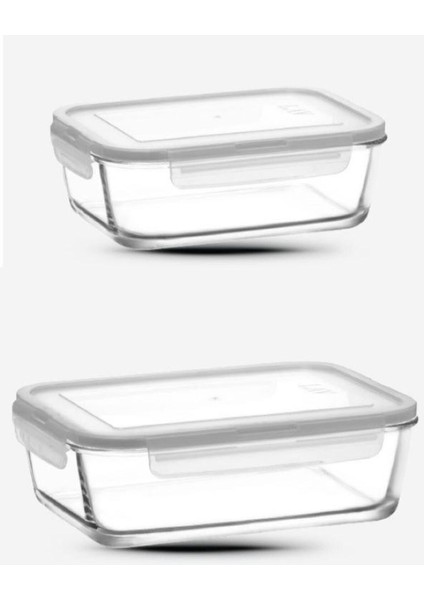 Dikdörtgen Cam Saklama Kabı 2’li Set, Beyaz, 1900CC ve 1200CC