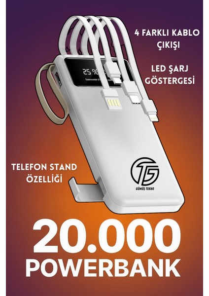 20.000 Mah Powerbank Kablolu Taşınabilir Şarj Cihazı Type-C, Lightning Micro Uyumlu LED Ekranlı Fenerli fiyatları